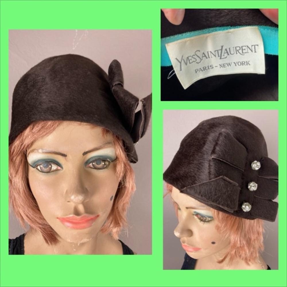 Yves Saint Laurent Brown Hat with Rhinestone Embellishments - Vintage Cloche